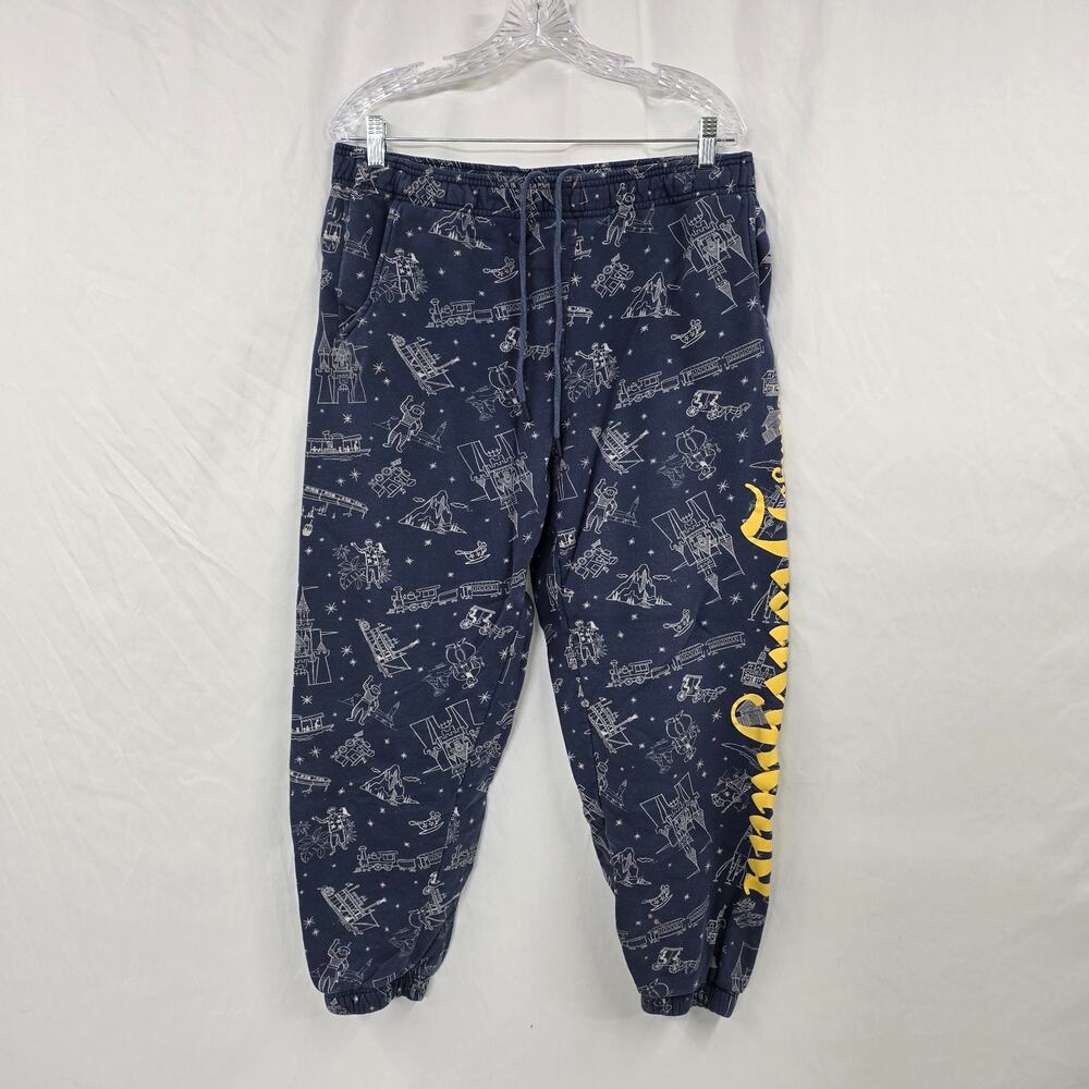 Disney 100 Disneyland All Over Print Sweatpants Unisex L Navy Blue Yellow Logo